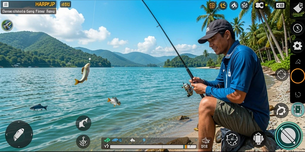Tampilan utama gameplay HARAPJP dengan aksi memancing yang seru.
