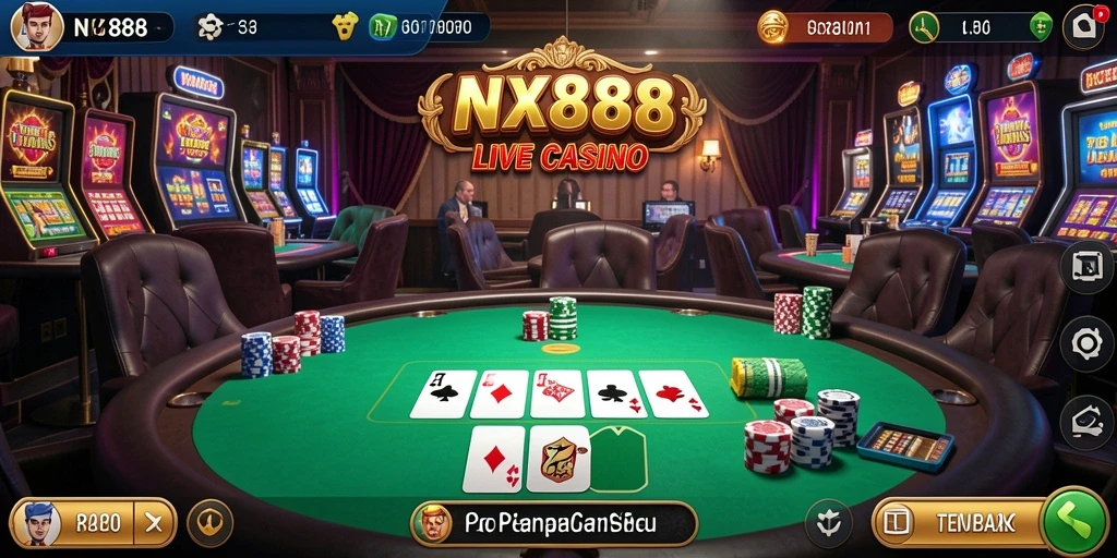Screenshot gameplay Live Casino NX888 menampilkan dealer langsung dan suasana kasino yang realistis.