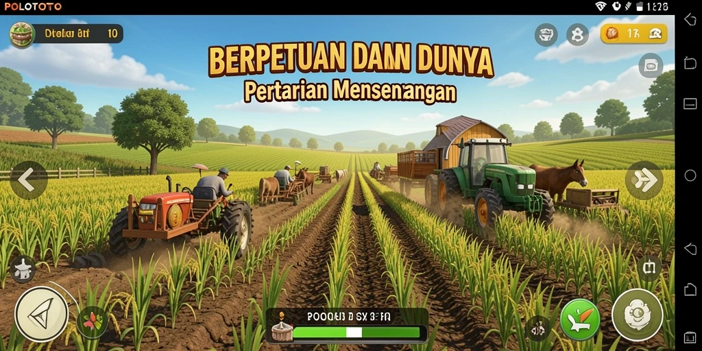 Tampilan gameplay POLOTOTO dengan aktivitas bertani yang menarik.